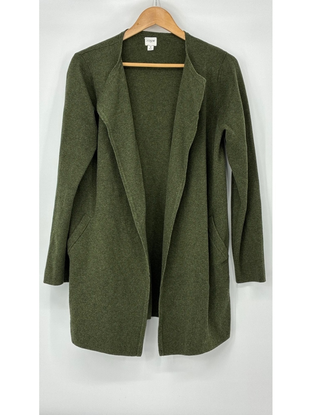 J.Crew Olive Green Long Knit 100% Cotton Long Cardigan Sweater Size Medium
